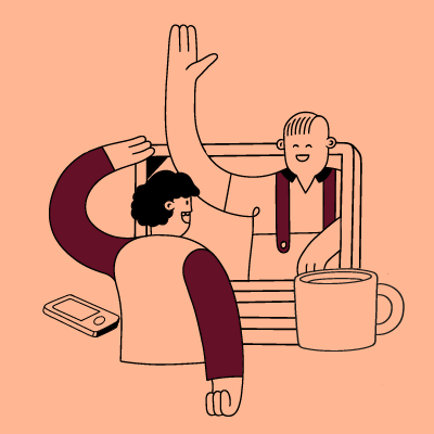 En illustration på en person som tittar ut ur en datorskärm och hälsar på en person som sitter vid tangentbordet. 